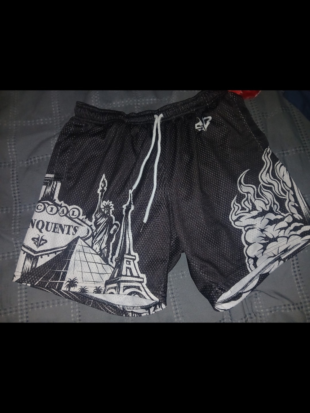 Men's Black Graphic Athletic Shorts with White Drawstring